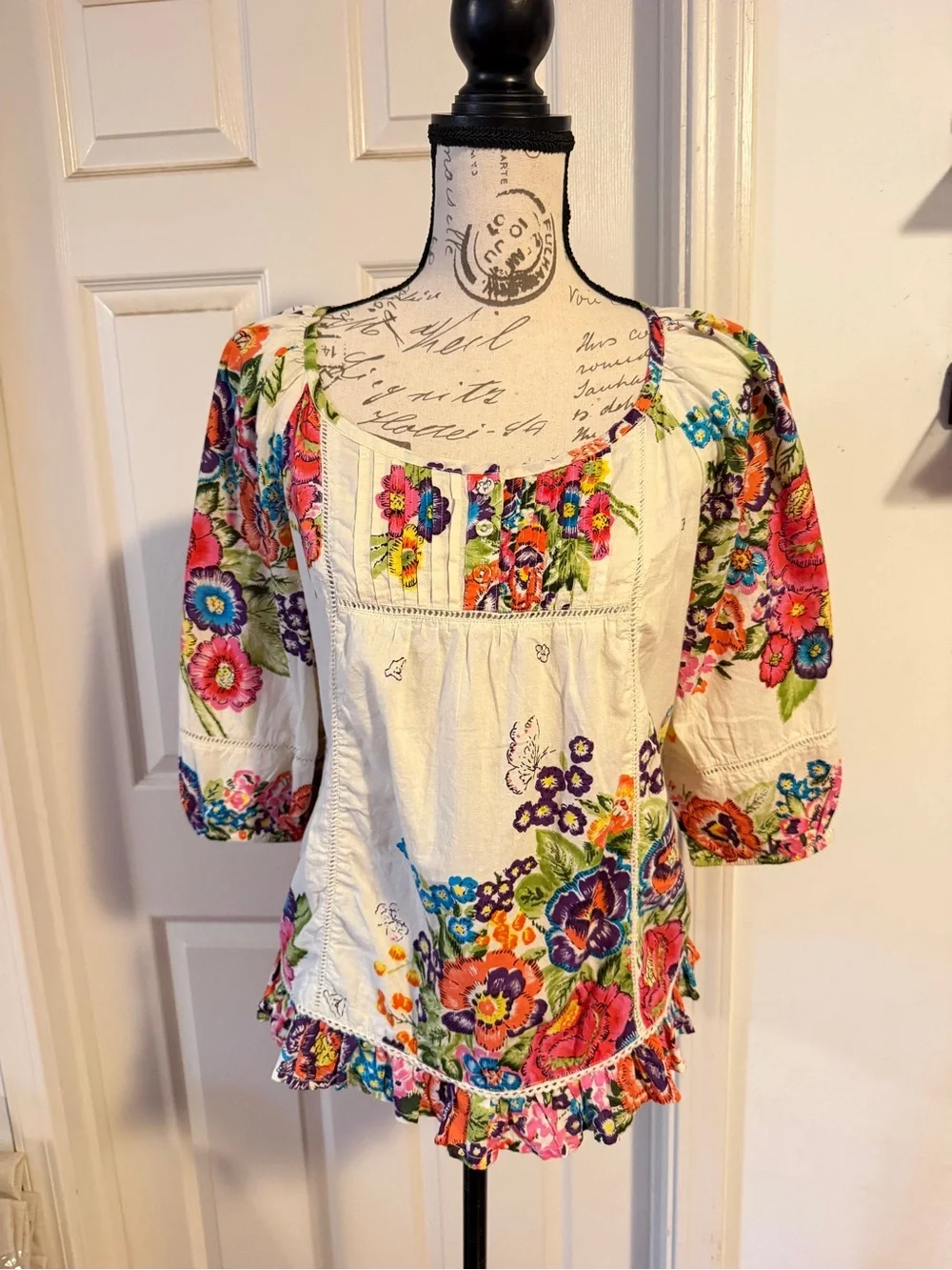 Anthropologie Cream Peasant Blouse with Bright Floral Print
